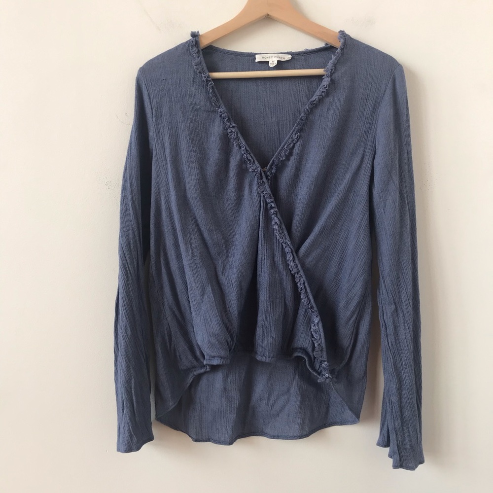 Honey Punch blue fringed cross front top